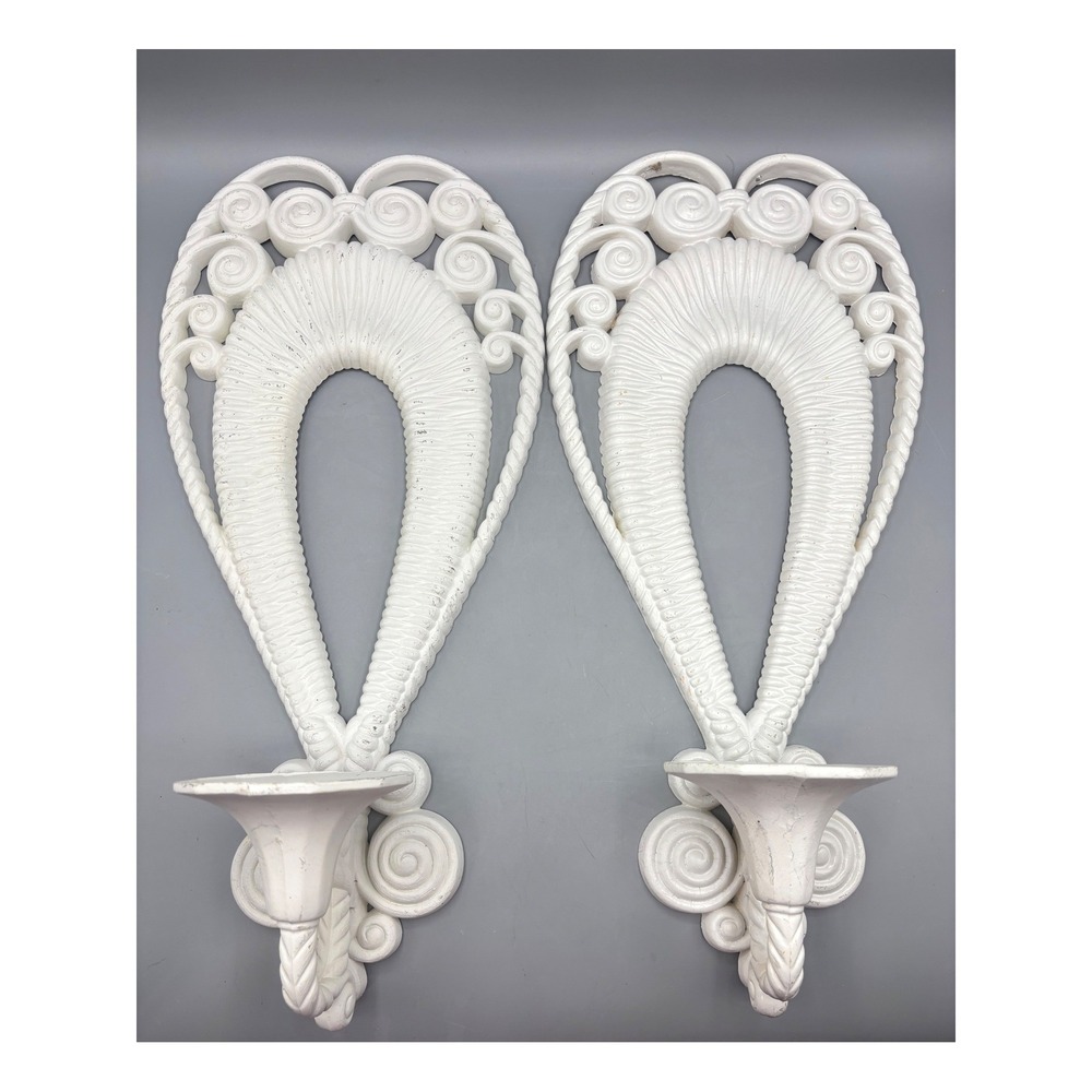 Vintage Syroco White Wall Sconces Pair Hollywood Regency Scroll Candle Holders